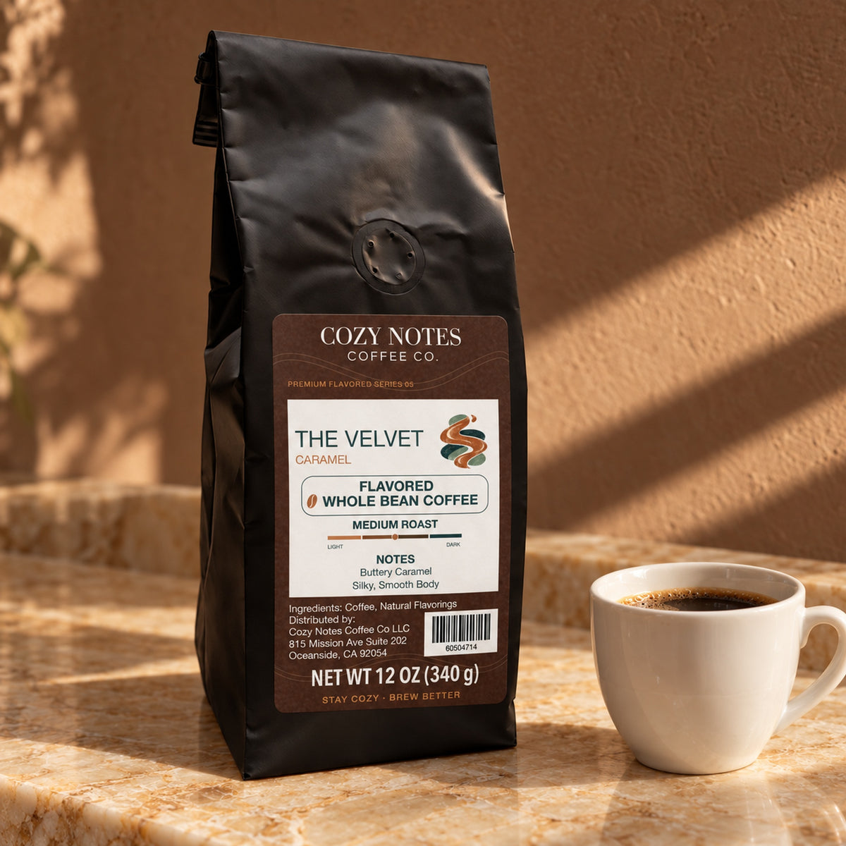 THE VELVET, flavored whole bean coffee, medium roast, 12oz — lifestyle photograph.