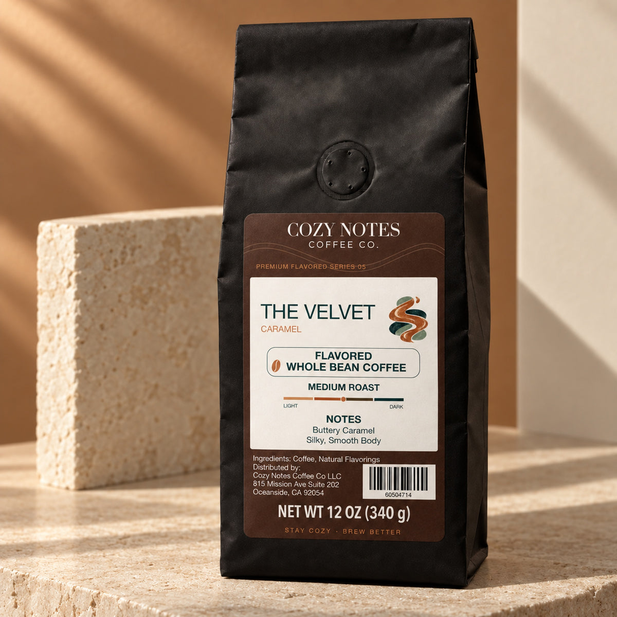 THE VELVET, flavored whole bean coffee, medium roast, 12oz — editorial photograph.