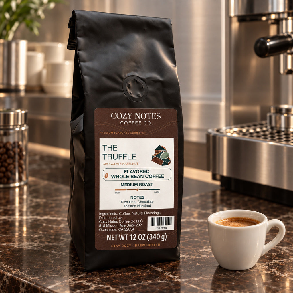 THE TRUFFLE, flavored whole bean coffee, medium roast, 12oz — lifestyle photograph.