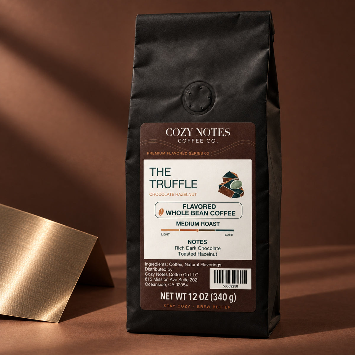 THE TRUFFLE, flavored whole bean coffee, medium roast, 12oz — editorial photograph.