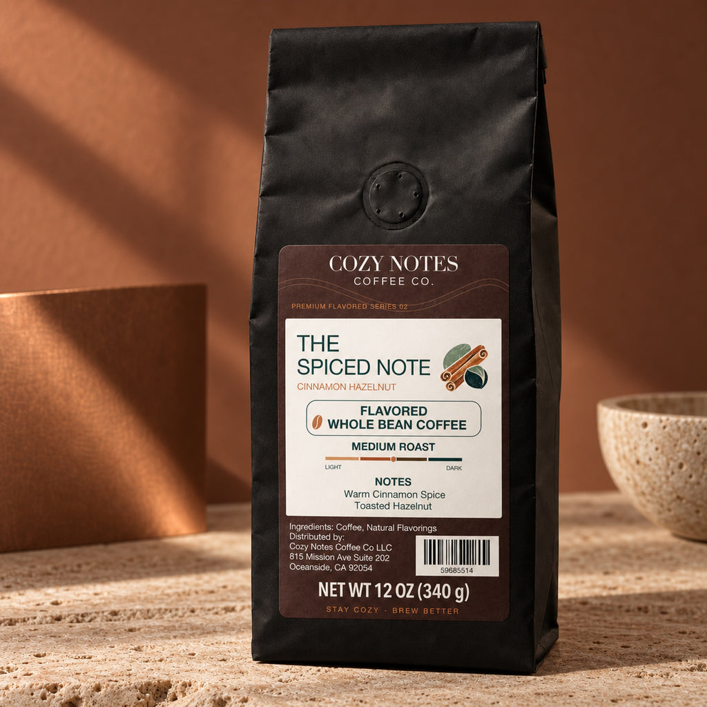 THE SPICED NOTE, flavored whole bean coffee, medium roast, 12oz — editorial photograph.