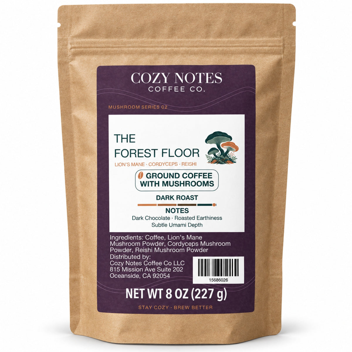 Cozy Notes The Forest Floor dark roast ground coffee with mushrooms, 8 oz (227 g), in a kraft pouch — main product image.