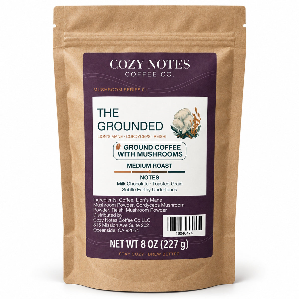 Cozy Notes The Grounded medium roast ground coffee with mushrooms, 8 oz (227 g), in a kraft pouch — main product image.