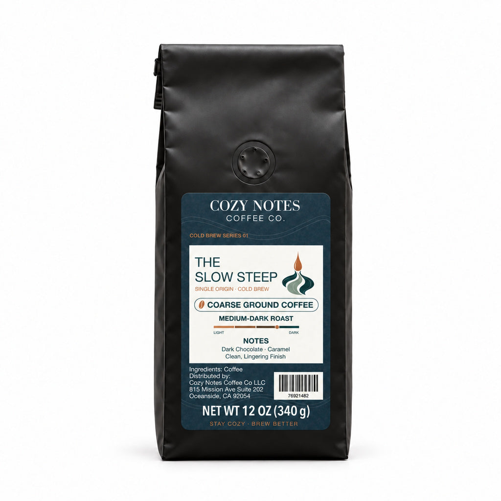 Cozy Notes Coffee THE SLOW STEEP, coarse ground coffee, 12oz, medium-dark roast — front product view on white