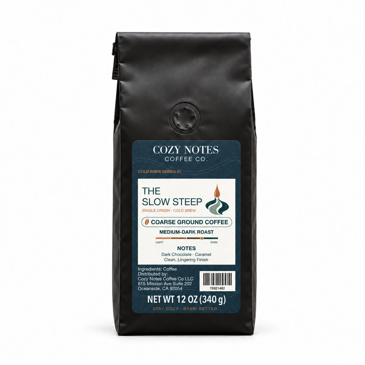 Cozy Notes Coffee THE SLOW STEEP, coarse ground coffee, 12oz, medium-dark roast — front product view on white