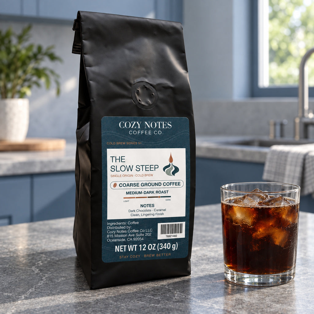 Cozy Notes Coffee THE SLOW STEEP, coarse ground coffee, 12oz, medium-dark roast — coffee setting