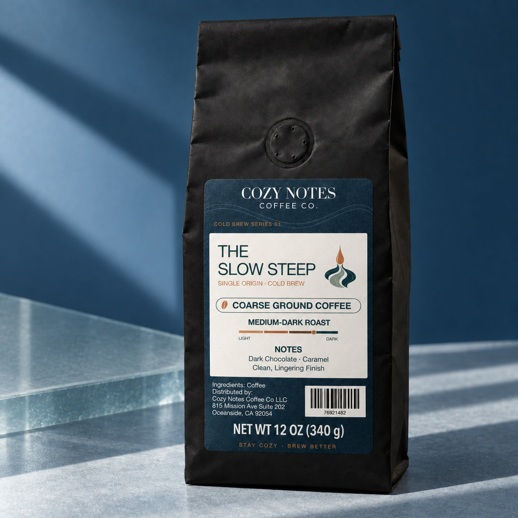 Cozy Notes Coffee THE SLOW STEEP, coarse ground coffee, 12oz, medium-dark roast — editorial product photograph