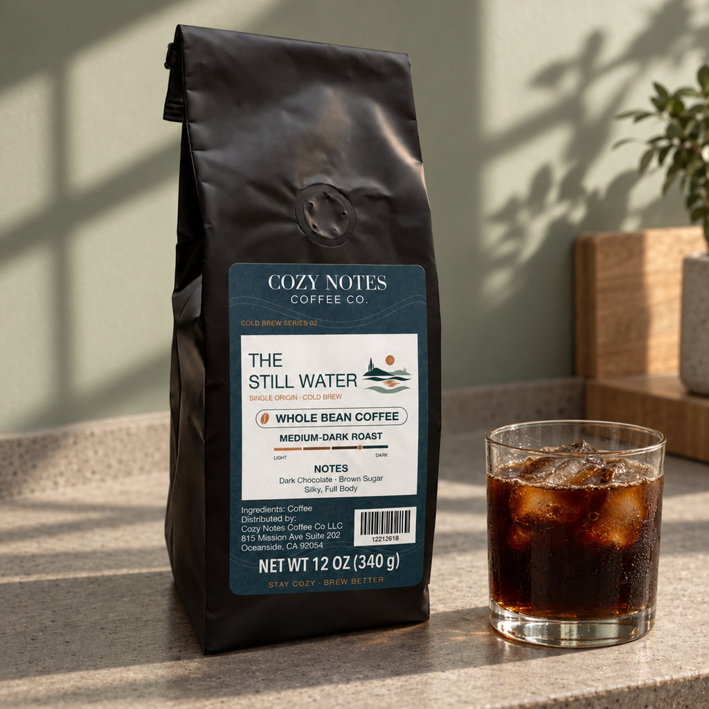 Cozy Notes Coffee THE STILL WATER, whole bean coffee, 12oz, medium-dark roast — coffee setting
