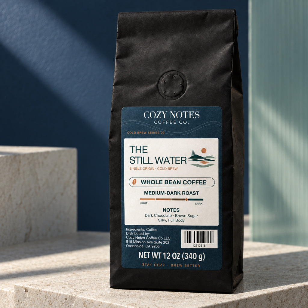 Cozy Notes Coffee THE STILL WATER, whole bean coffee, 12oz, medium-dark roast — editorial product photograph