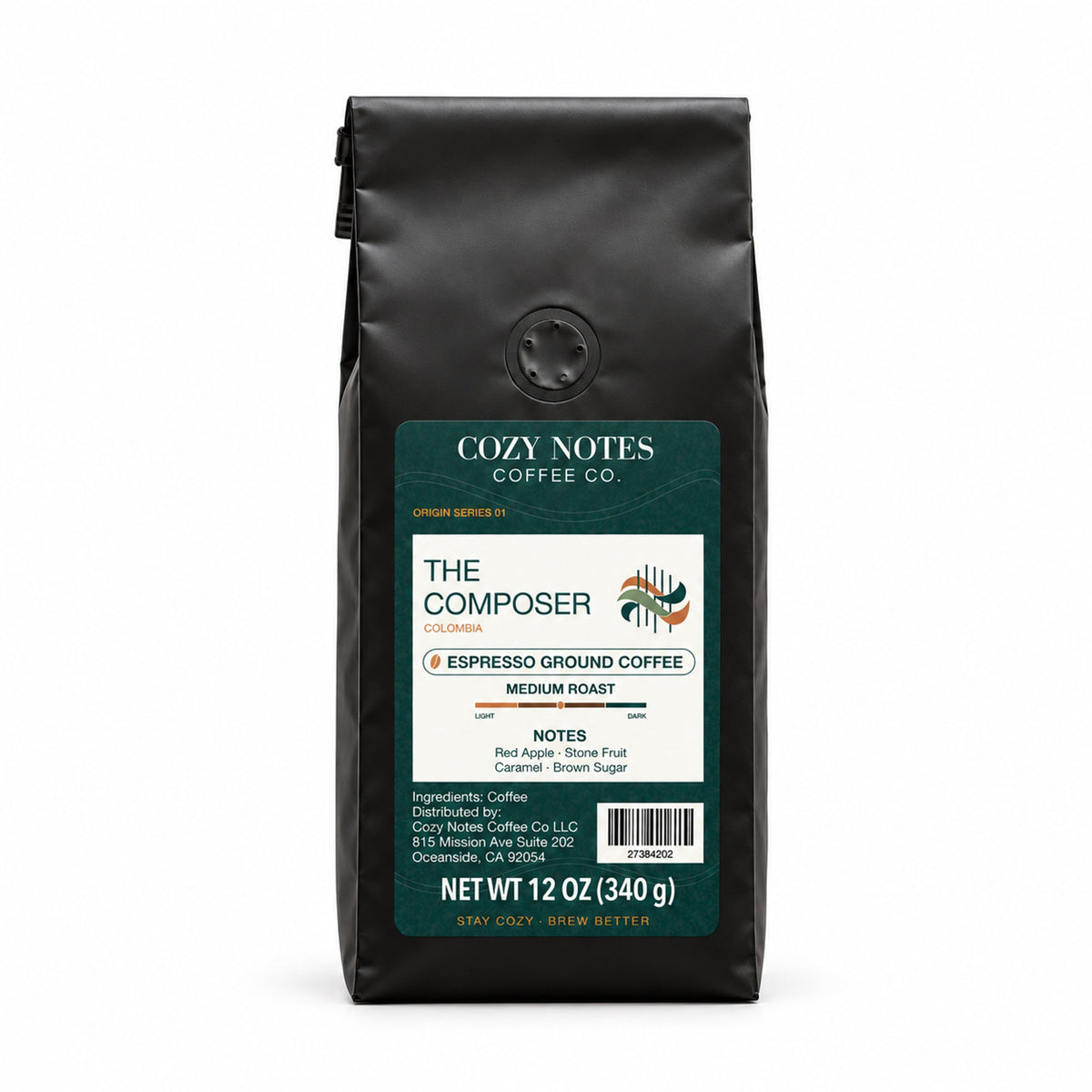 The Composer Colombian medium roast coffee, espresso grind, 12 oz black bag with the new Cozy Notes label, front view.