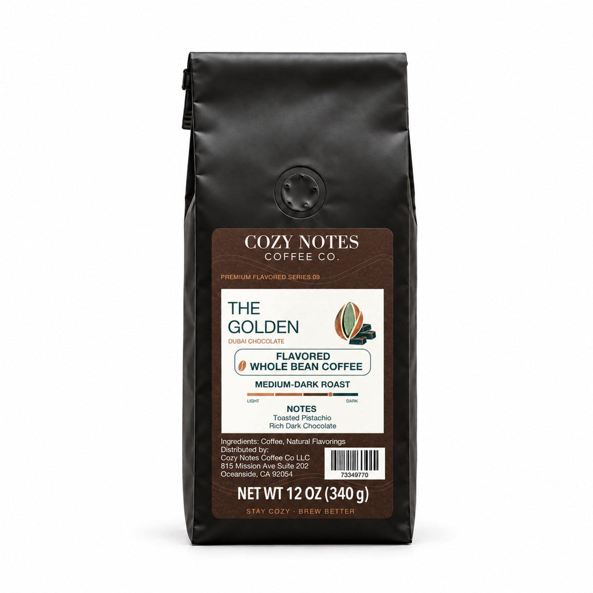 THE GOLDEN, flavored whole bean coffee, medium-dark roast, 12oz — main photograph.