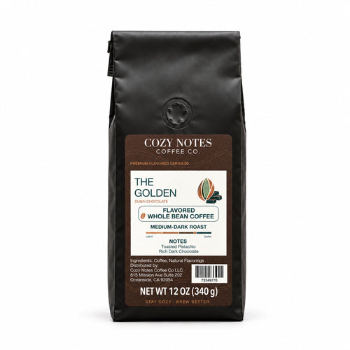 THE GOLDEN, flavored whole bean coffee, medium-dark roast, 12oz — main photograph.