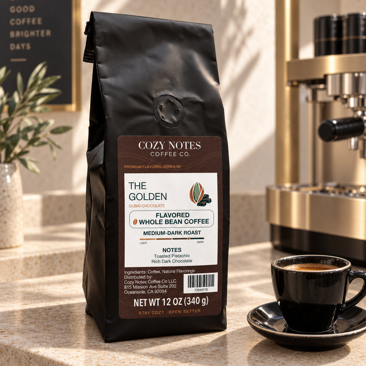 THE GOLDEN, flavored whole bean coffee, medium-dark roast, 12oz — lifestyle photograph.