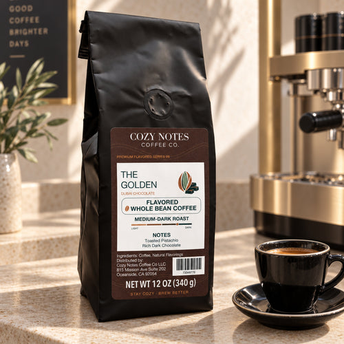 THE GOLDEN, flavored whole bean coffee, medium-dark roast, 12oz — lifestyle photograph.