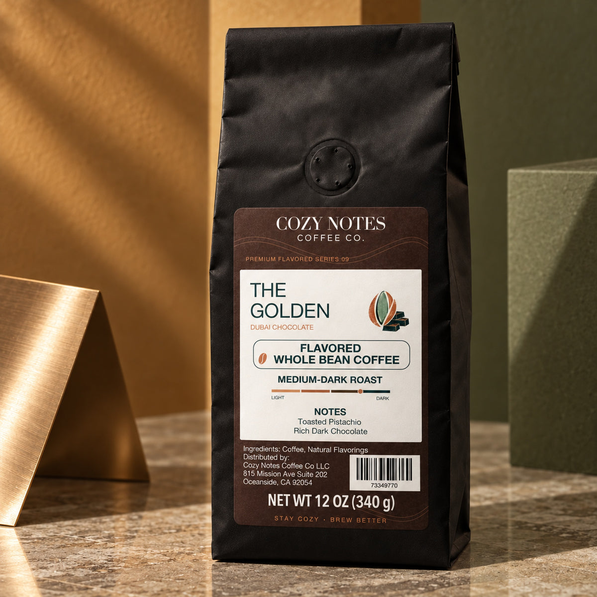 THE GOLDEN, flavored whole bean coffee, medium-dark roast, 12oz — editorial photograph.