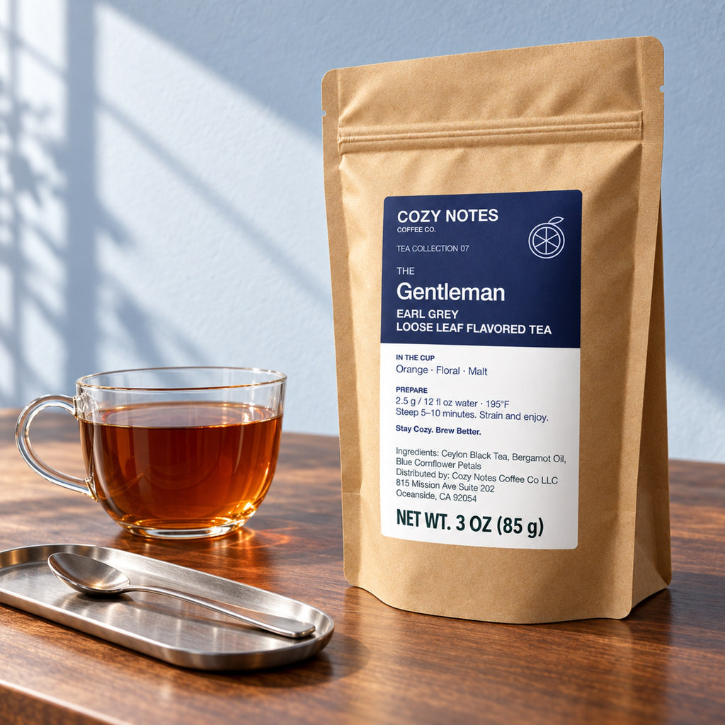 The Gentleman Earl Grey loose leaf tea, 3 oz — premium tea serving scene with the updated Cozy Notes label.