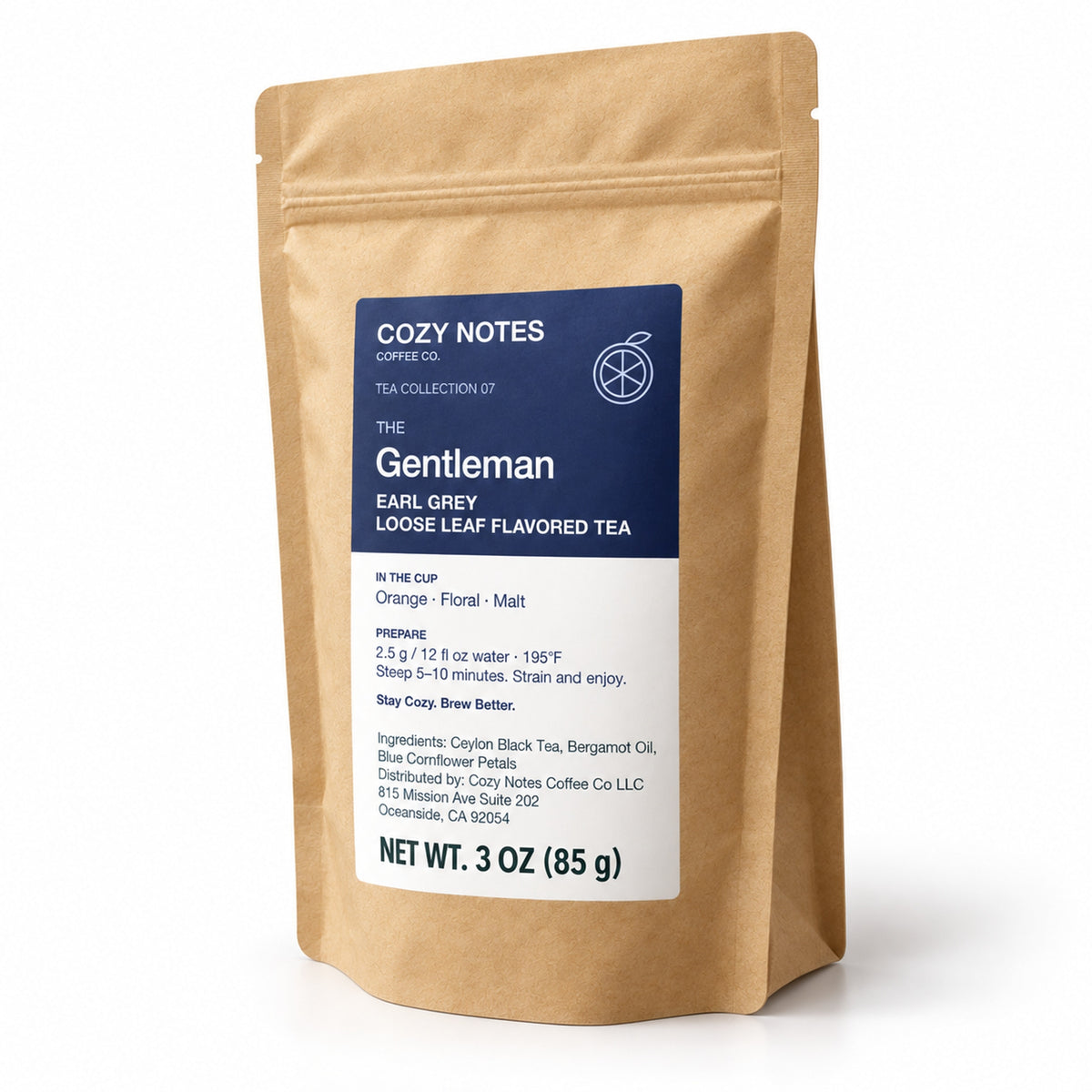 The Gentleman Earl Grey loose leaf tea, 3 oz — angled pouch on white background.