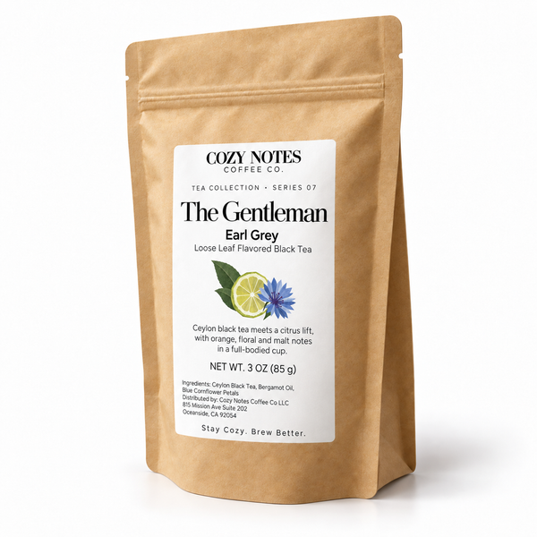 The Gentleman — earl grey tea, pouch on white background, new Cozy Notes Tea Collection label.