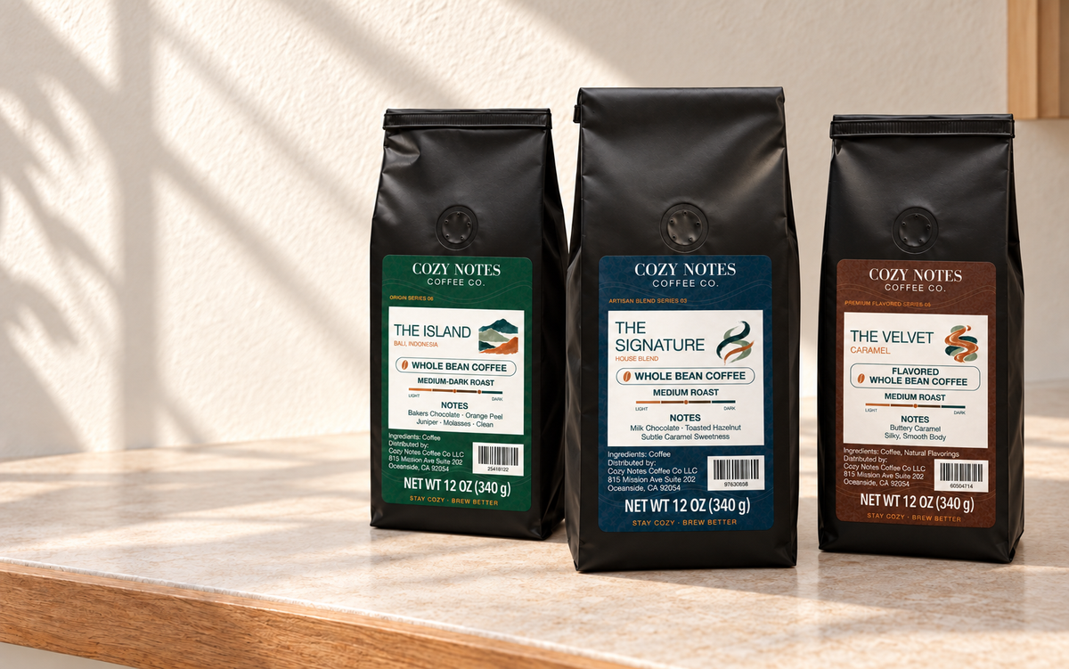 Cozy Notes coffee in our signature packaging