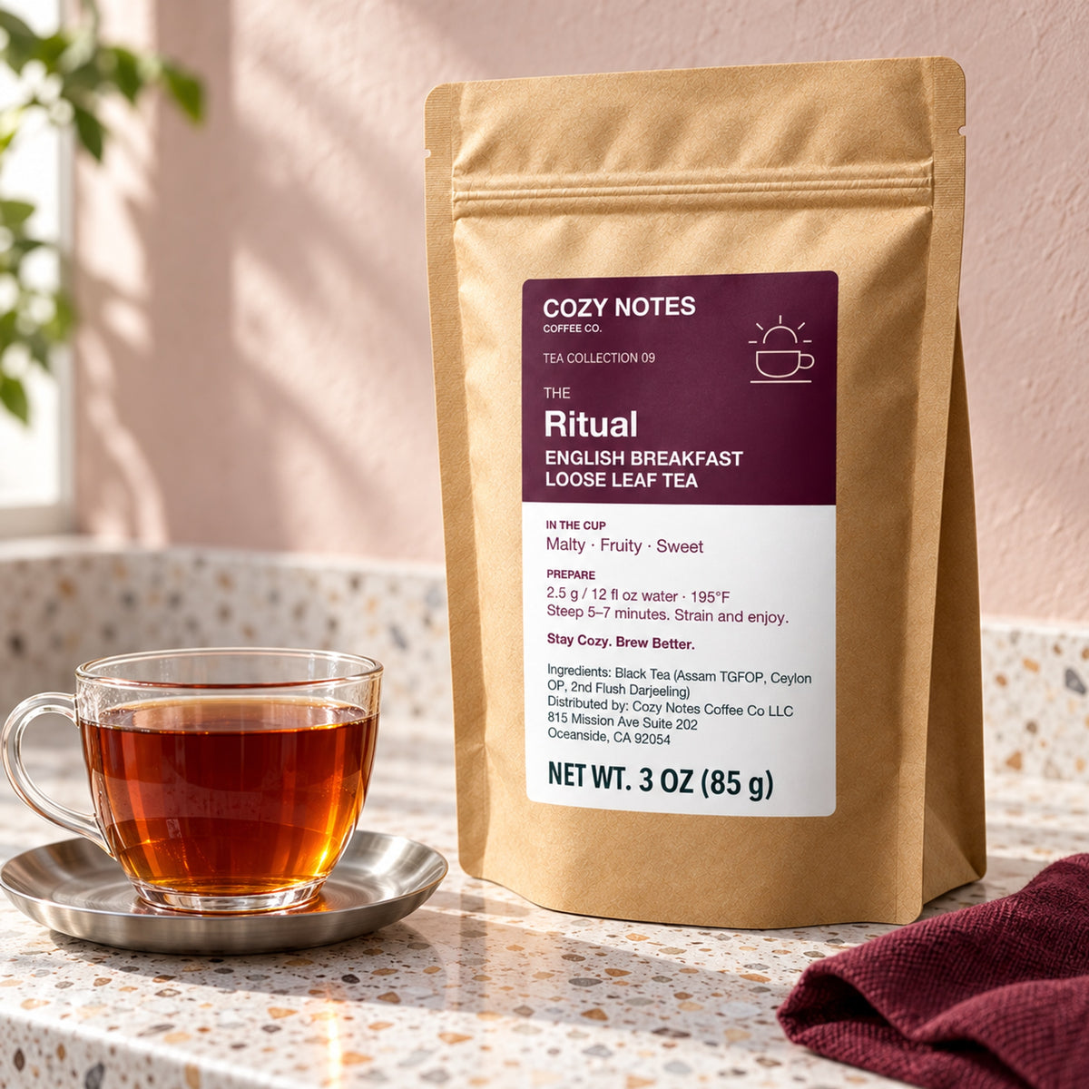 The Ritual English Breakfast loose leaf tea, 3 oz — premium tea serving scene with the updated Cozy Notes label.