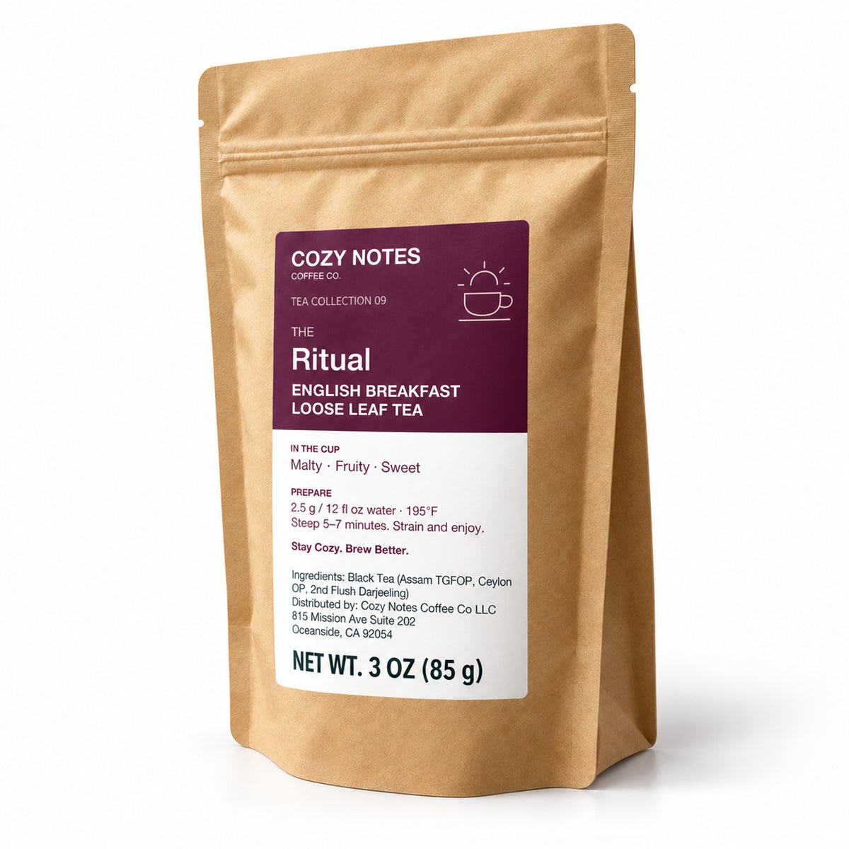 The Ritual English Breakfast loose leaf tea, 3 oz — angled pouch on white background.