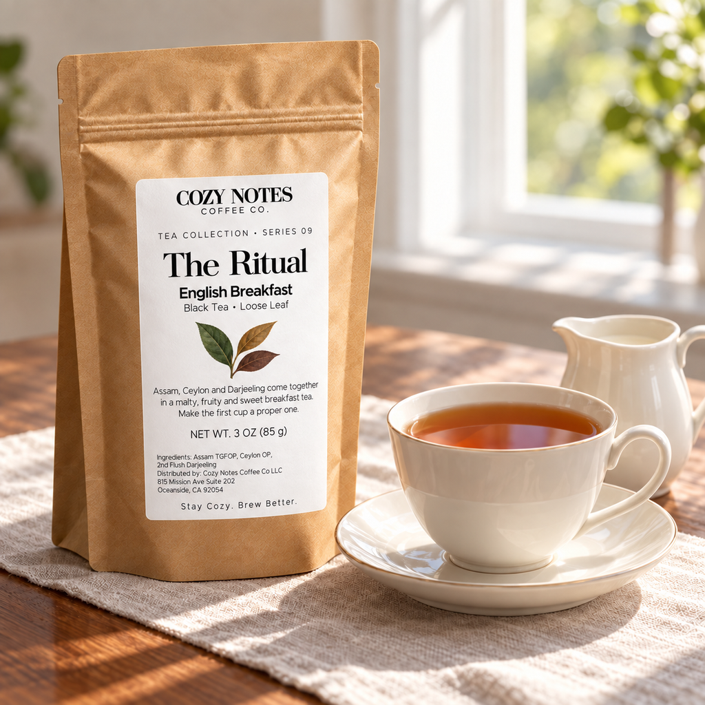 The Ritual — english breakfast loose leaf tea, serving scene 1, new Cozy Notes Tea Collection label.