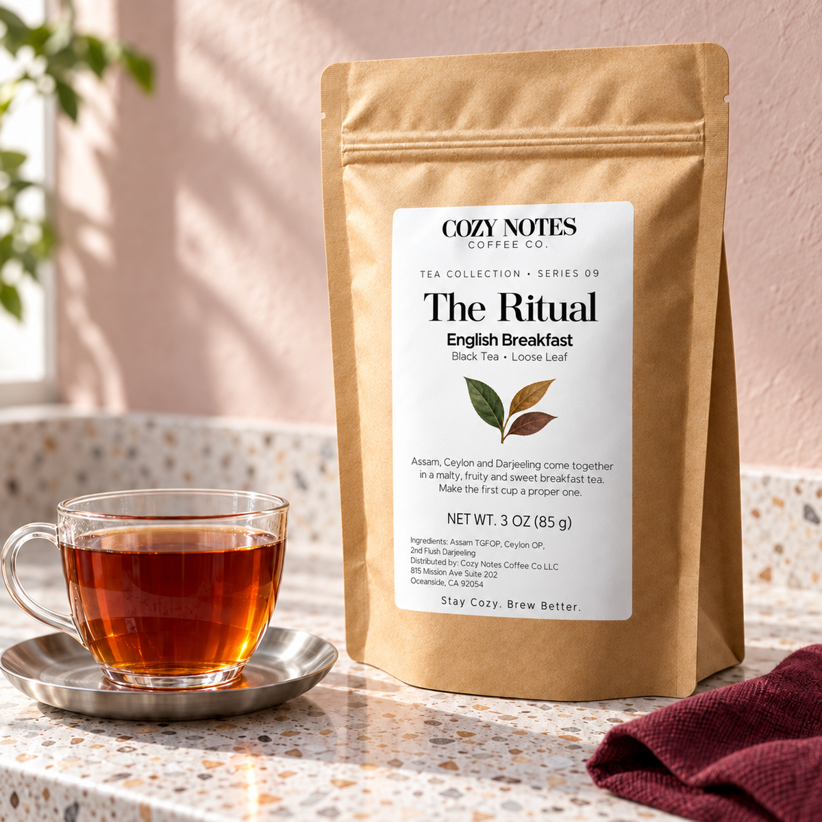 The Ritual — english breakfast loose leaf tea, serving scene 2, new Cozy Notes Tea Collection label.