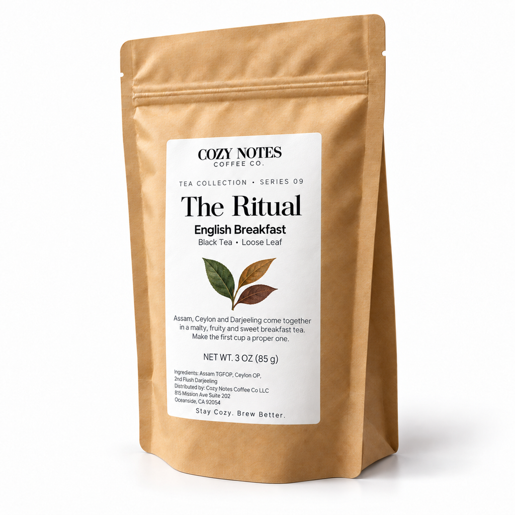 The Ritual — english breakfast loose leaf tea, pouch on white background, new Cozy Notes Tea Collection label.