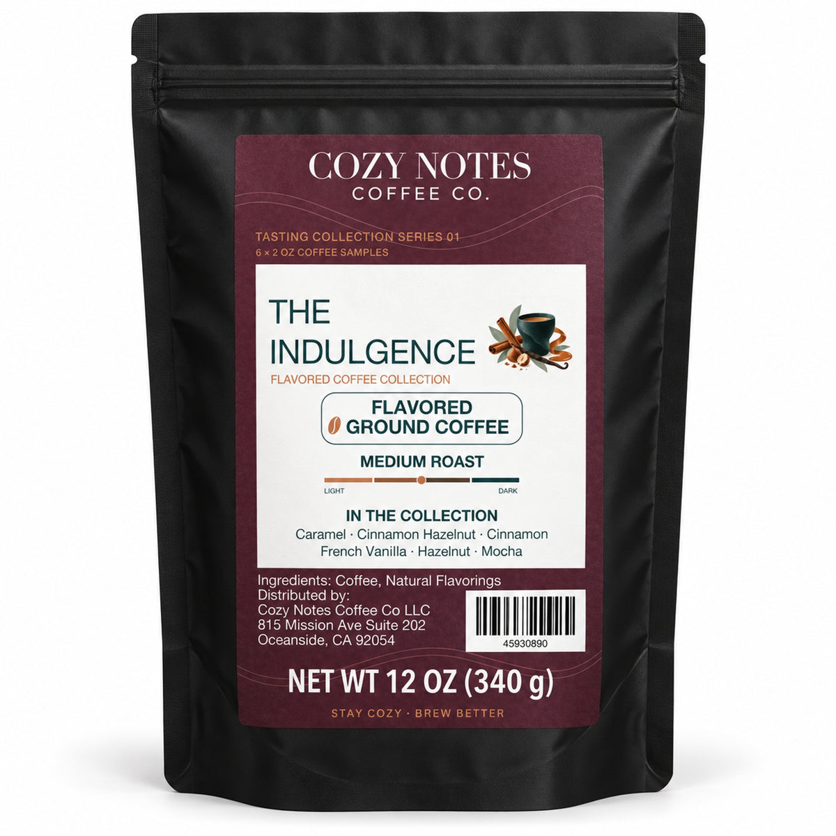 The Indulgence by Cozy Notes Coffee, six 2 oz flavored ground coffee samples in a black stand-up pouch — front product view on white