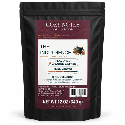 The Indulgence by Cozy Notes Coffee, six 2 oz flavored ground coffee samples in a black stand-up pouch — front product view on white