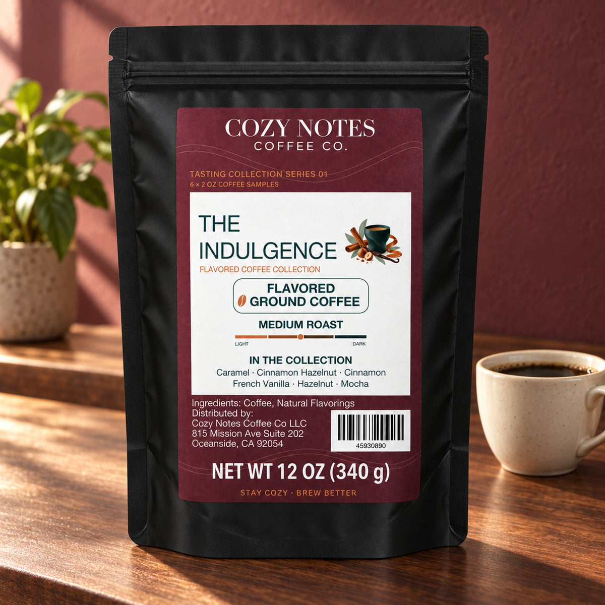 The Indulgence by Cozy Notes Coffee, six 2 oz flavored ground coffee samples in a black stand-up pouch — coffee counter setting