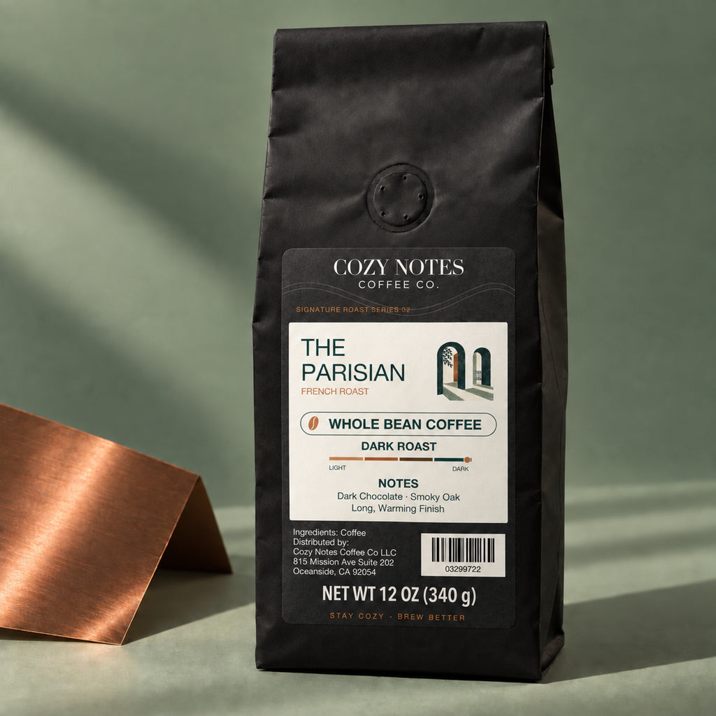 THE PARISIAN, dark roast, whole bean, 12oz — editorial product photograph.