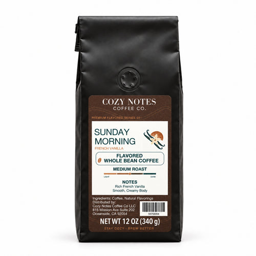 Sunday Morning French vanilla flavored whole bean coffee, medium roast, 12 oz — main photograph.