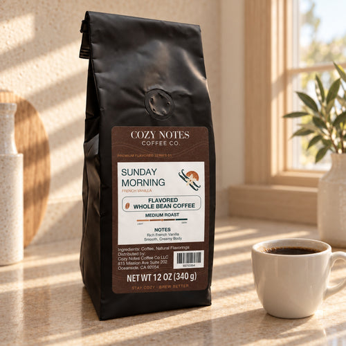 Sunday Morning French vanilla flavored whole bean coffee, medium roast, 12 oz — lifestyle photograph.