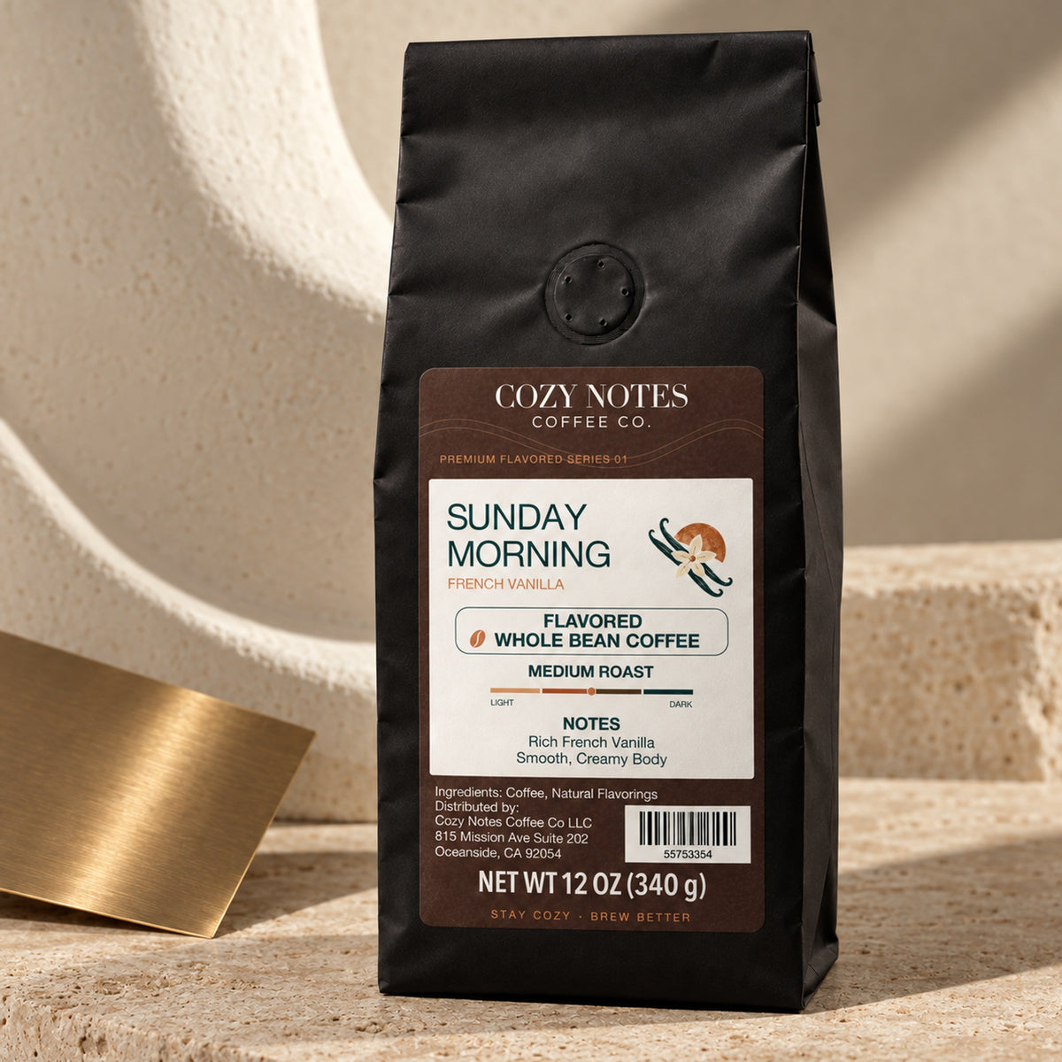 Sunday Morning French vanilla flavored whole bean coffee, medium roast, 12 oz — editorial photograph.
