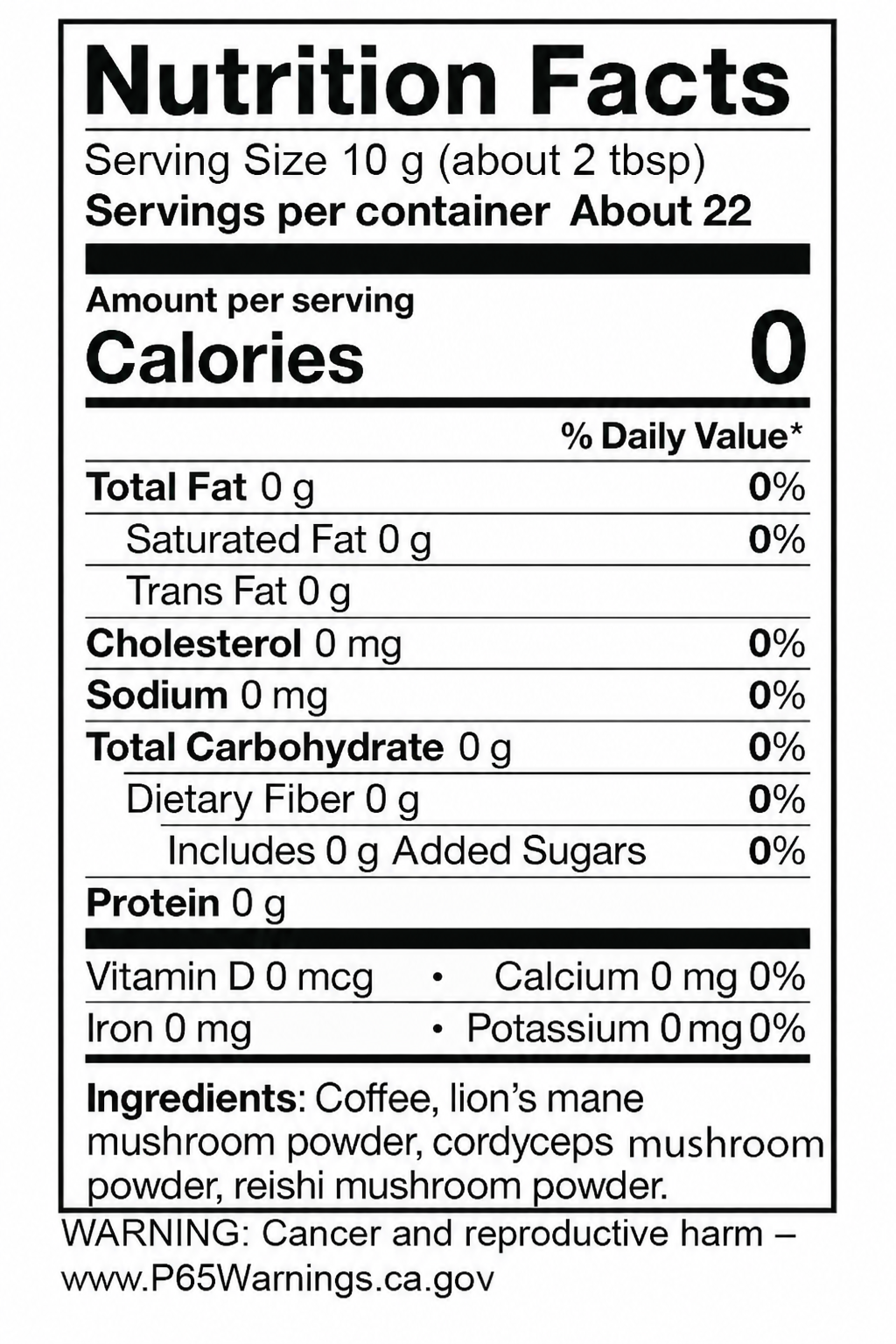Ground coffee with mushrooms, 8 oz (227 g). Supplier Nutrition Facts: serving 10 g, about 22 servings, 0 calories. Ingredients and Proposition 65 warning included.