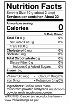 Ground coffee with mushrooms, 8 oz (227 g). Supplier Nutrition Facts: serving 10 g, about 22 servings, 0 calories. Ingredients and Proposition 65 warning included.