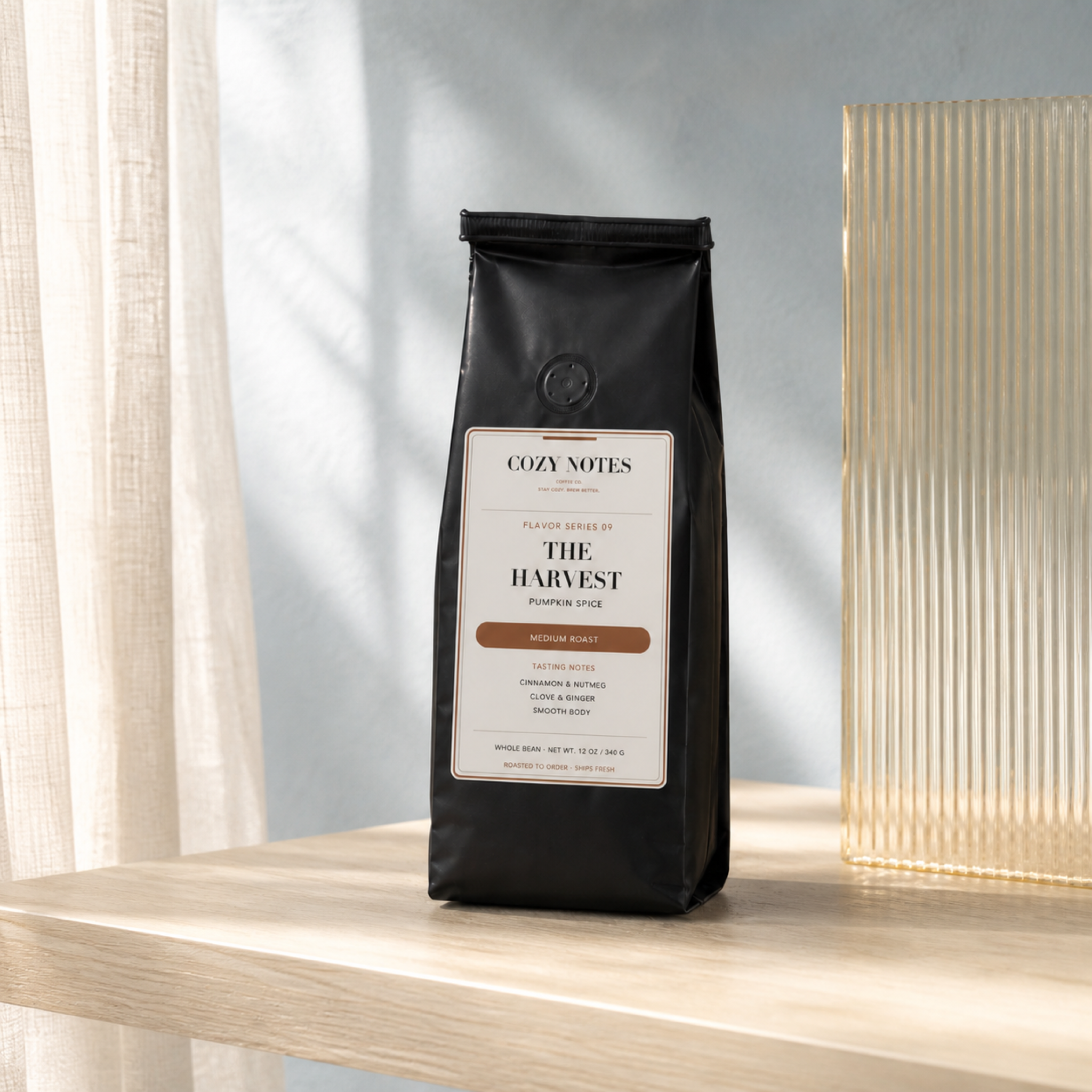Cozy Notes The Harvest pumpkin spice coffee in a bright sunlit powder blue studio