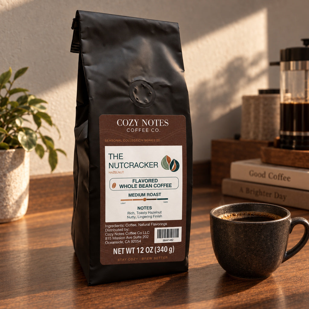 THE NUTCRACKER, flavored whole bean coffee, medium roast, 12oz — lifestyle photograph.