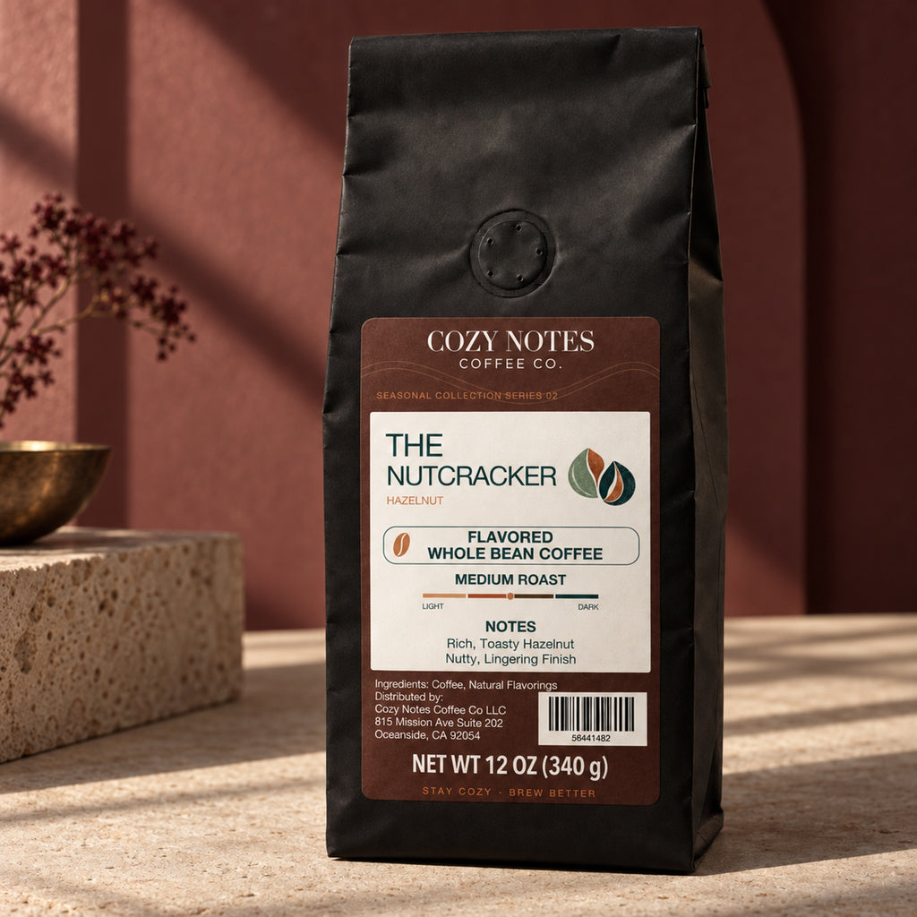 THE NUTCRACKER, flavored whole bean coffee, medium roast, 12oz — editorial photograph.