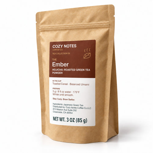 The Ember hojicha roasted green tea powder, 3 oz — angled pouch on white background.