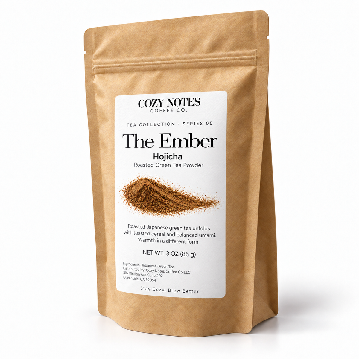 The Ember — hojicha tea, pouch on white background.