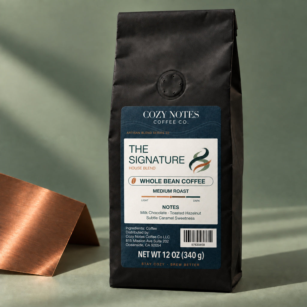 THE SIGNATURE, medium roast, whole bean, 12oz — editorial product photograph.