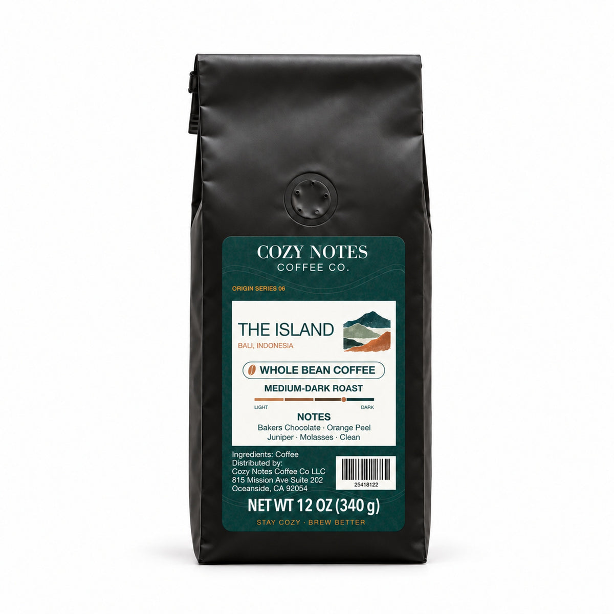 The Island Bali medium-dark roast coffee, whole bean, 12 oz — main view with Cozy Notes mountain label.