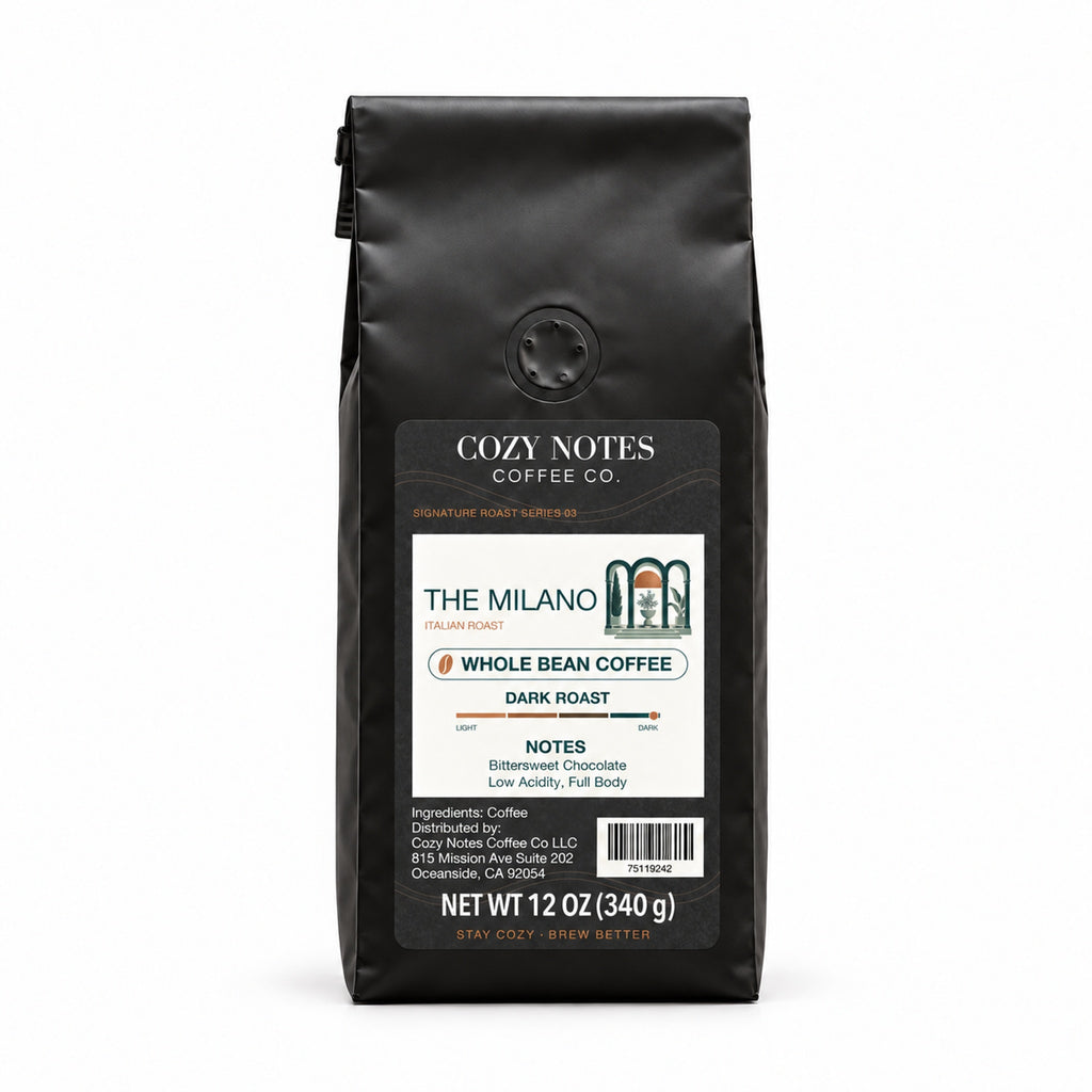 Cozy Notes Coffee THE MILANO, Whole Bean, 12oz, dark roast — front product view on white