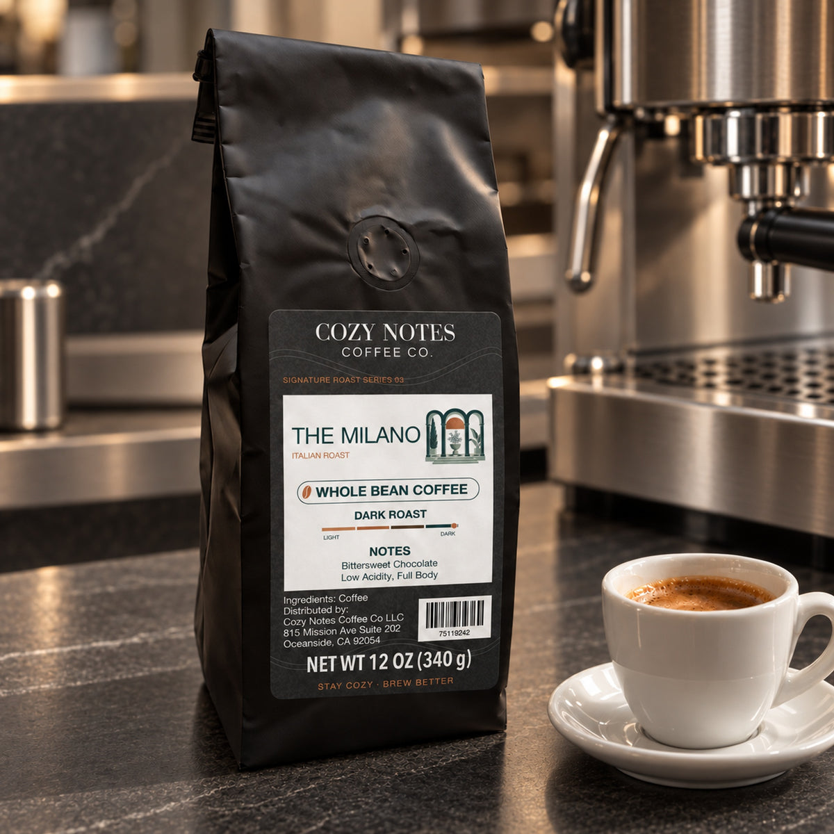 Cozy Notes Coffee THE MILANO, Whole Bean, 12oz, dark roast — coffee setting