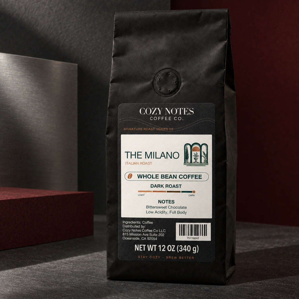 Cozy Notes Coffee THE MILANO, Whole Bean, 12oz, dark roast — editorial product photograph