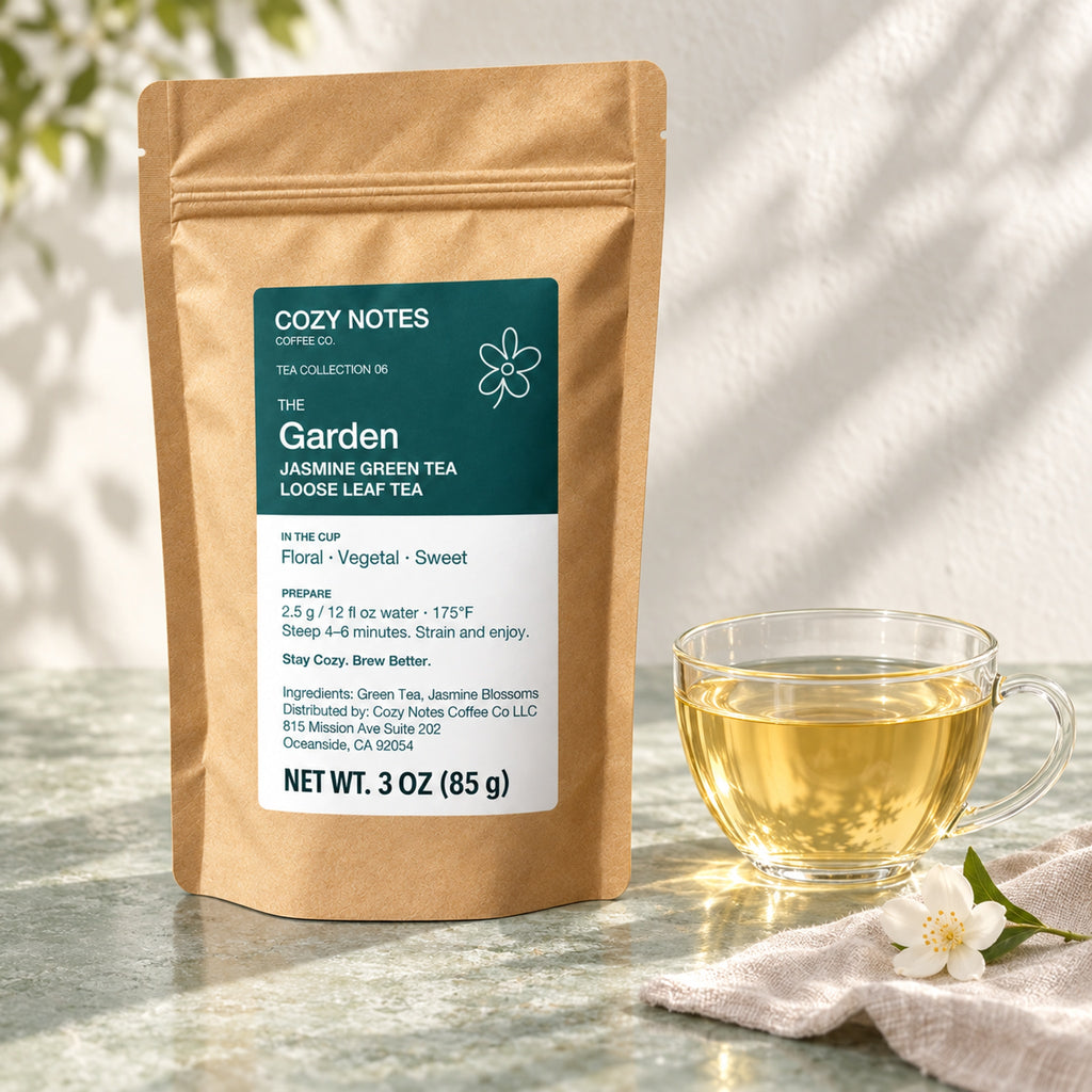 The Garden jasmine green tea, 3 oz — premium tea serving scene with the updated Cozy Notes label.