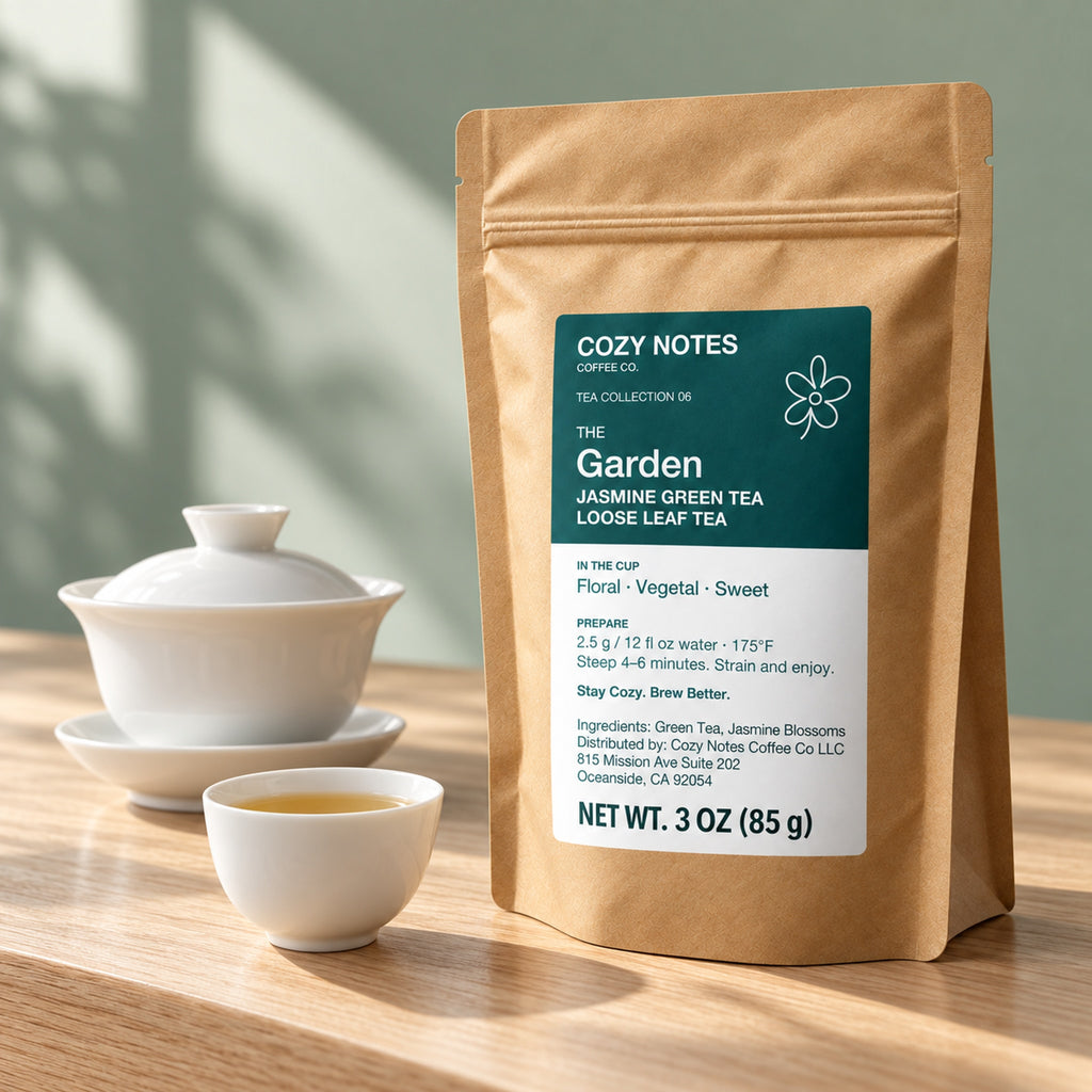 The Garden jasmine green tea, 3 oz — premium tea serving scene with the updated Cozy Notes label.
