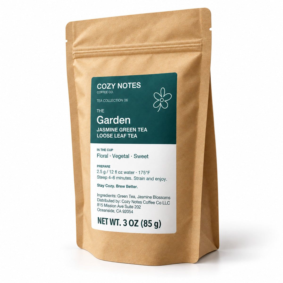 The Garden jasmine green tea, 3 oz — angled pouch on white background.